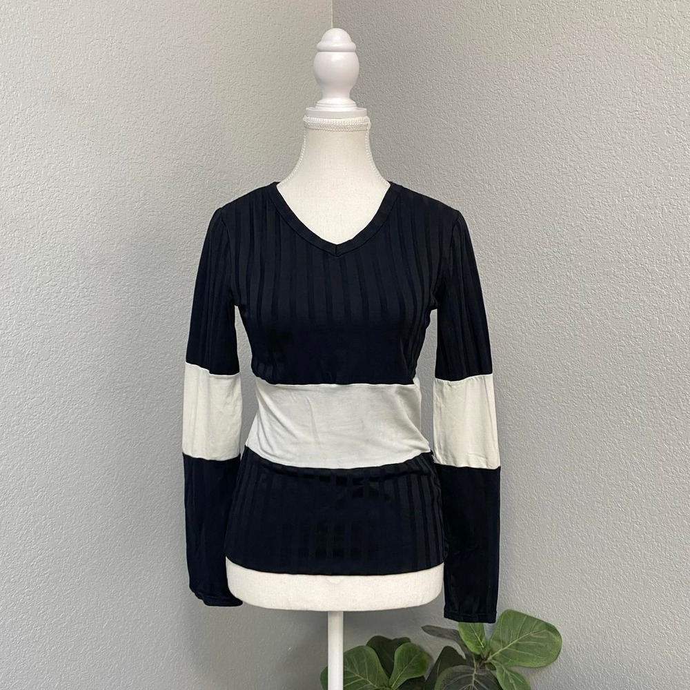MORGAN DE TOI BLACK WHITE COLORBLOCK LONG SLEEVE V NECK RIBBED TOP EURO FALL